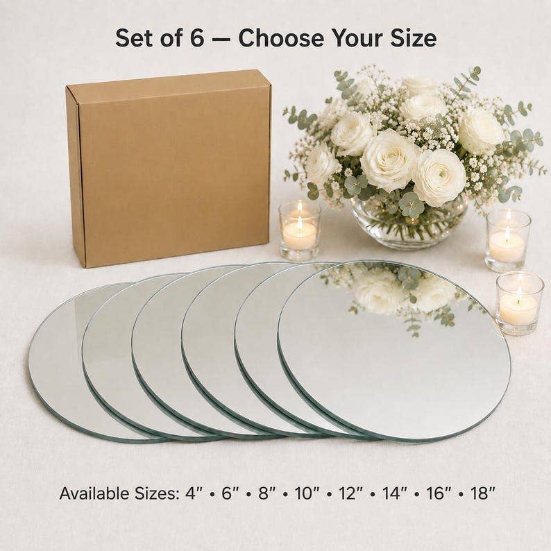 Round Centerpiece Mirrors Set of 6, 4 to 18 Inch, 4mm Thick Glass Mirror Plates for Wedding Table Decor, Candles and Events
