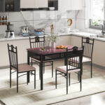 5 Pieces Dining Set Wood Metal Table and 4 Chairs with Cushions - Image 2