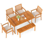 6 Pieces Outdoor Acacia Wood Dining Set with Umbrella Hole - Image 4