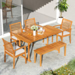 6 Pieces Outdoor Acacia Wood Dining Set with Umbrella Hole - Image 6
