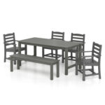 6 Pieces Patio Dining Bench Set Outdoor HDPE Weather Resistant Table and Chairs Set - Image 4