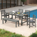 6 Pieces Patio Dining Bench Set Outdoor HDPE Weather Resistant Table and Chairs Set - Image 2