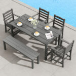 6 Pieces Patio Dining Bench Set Outdoor HDPE Weather Resistant Table and Chairs Set - Image 3
