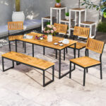 6 Pieces Outdoor Acacia Wood Dining Set with Bench and 2 Inches Umbrella Hole