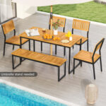 6 Pieces Outdoor Acacia Wood Dining Set with Bench and 2 Inches Umbrella Hole - Image 2