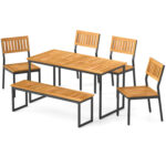 6 Pieces Outdoor Acacia Wood Dining Set with Bench and 2 Inches Umbrella Hole - Image 3