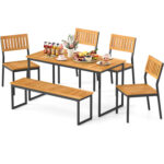 6 Pieces Outdoor Acacia Wood Dining Set with Bench and 2 Inches Umbrella Hole - Image 4