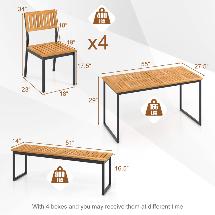 6 Pieces Outdoor Acacia Wood Dining Set with Bench and 2 Inches Umbrella Hole - Image 5