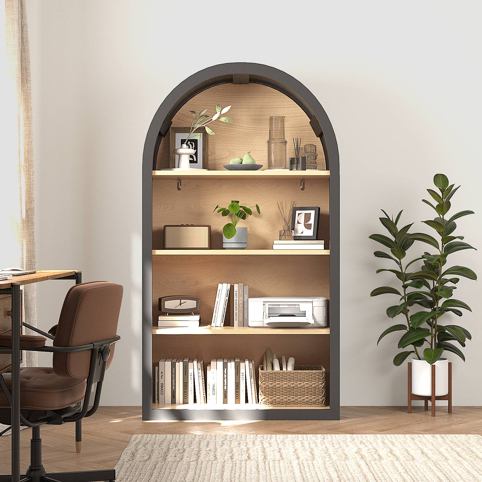 4 Tier Black Arched Bookshelf, 43" Tall Arched Bookcase with Storage Shelves