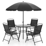 6 Pieces Patio Dining Set with Umbrella and 4 Folding Armchairs