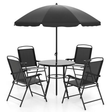 6 Pieces Patio Dining Set with Umbrella and 4 Folding Armchairs