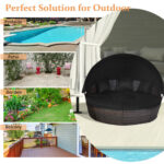 Patio Round Rattan Daybed with Retractable Canopy and Height Adjustable Coffee Table - Image 6