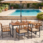 7-Piece Outdoor Dining Set with Acacia Wood Table & Chairs and Umbrella Hole - Image 3