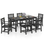 7 Pieces Outdoor Dining Table Set for 6 People 67 Inch HDPE Patio Rectangle Table and 6 Armchairs - Image 4