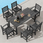 7 Pieces Outdoor Dining Table Set for 6 People 67 Inch HDPE Patio Rectangle Table and 6 Armchairs - Image 3