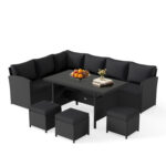 7 Pieces Outdoor Wicker Sectional Sofa Set with Dining Table