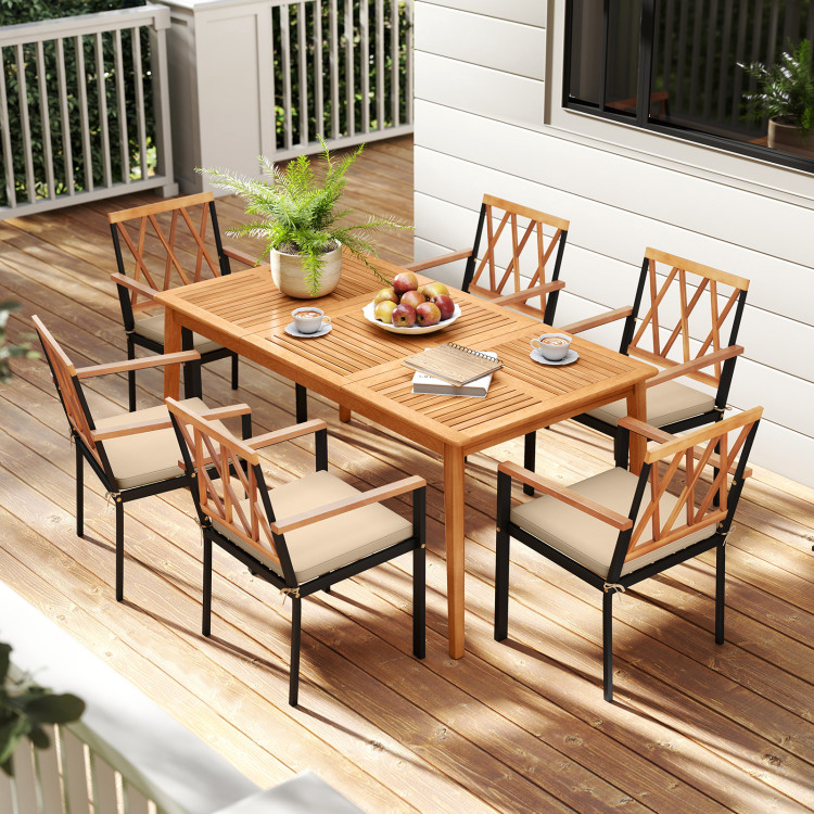 7_piece_patio_acacia_wood_dining_set-1.jpg 7 Piece Patio Acacia Wood Dining Set Solid Wooden Dining Furniture with Umbrella Hole - Image 1