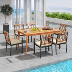 7 Piece Patio Acacia Wood Dining Set Solid Wooden Dining Furniture with Umbrella Hole - Image 2