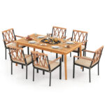7 Piece Patio Acacia Wood Dining Set Solid Wooden Dining Furniture with Umbrella Hole - Image 4
