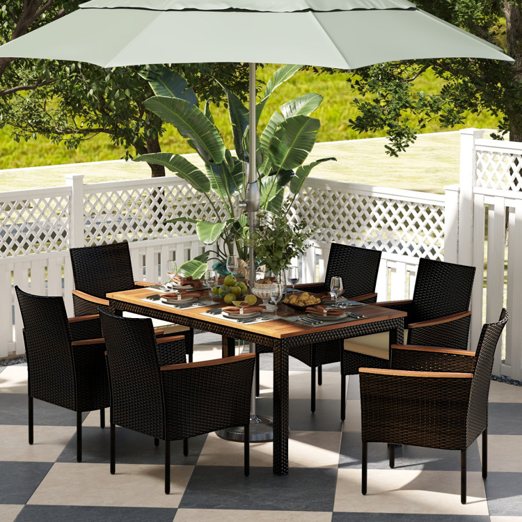 7 Pieces Rattan Patio Dining Set with Stackable Chairs and Umbrella Hole - Image 4