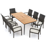 9-Piece Patio Dining Set with Umbrella Hole and 8 Rattan-woven Dining Chairs with Seat Cushions - Image 3