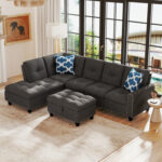 98 Inches Sectional Sofa Couch with Movable Storage Ottoman and Linen Fabric Backs - Image 2