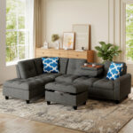 98 Inches Sectional Sofa Couch with Movable Storage Ottoman and Linen Fabric Backs - Image 3