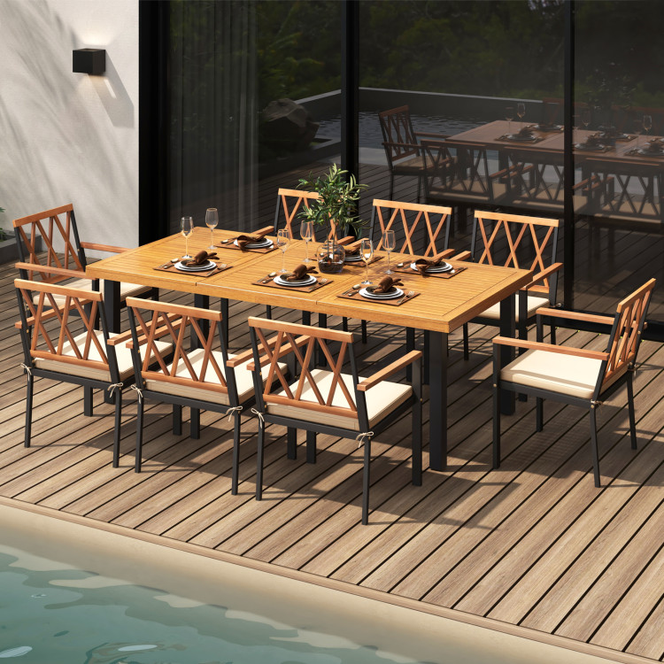 9Piece_Patio_Dining_Set_with_22p5InW_Chairs_Acacia_Wood_Hole-1.jpg 9 Pieces Patio Dining Set 39.5 Inch Acacia Wood Table with Umbrella Hole and 22.5-Inch Wide Chairs - Image 1