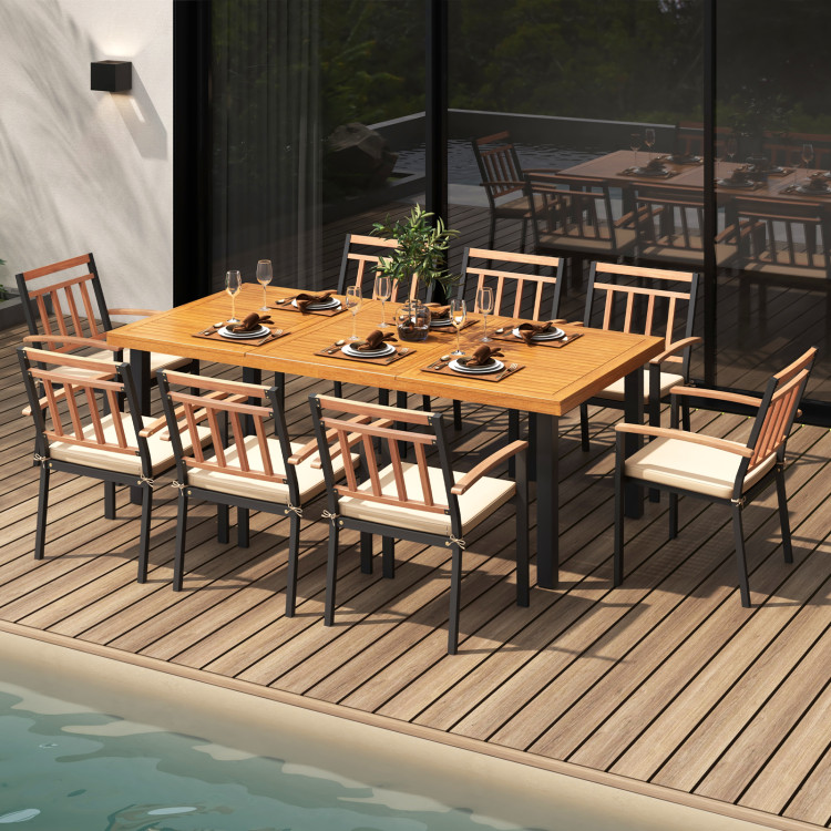 9Pieces_Patio_Dining_Set_24InchW_Chairs_Acacia_Wood_Umbrella_Hole-1.jpg 9 Pieces Patio Dining Set 39.5 Inch Acacia Wood Table with Umbrella Hole and 24-Inch Wide Chairs - Image 1