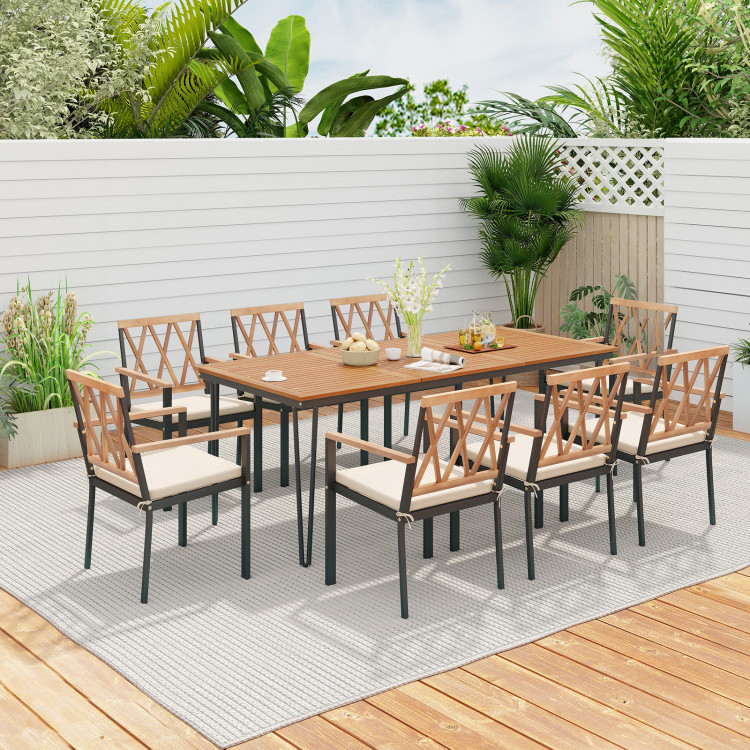 9Pieces_Patio_Dining_Set_35p5Table_Umbrella_22p5Chairs-1.jpg 9-Piece Patio Dining Set 35.5 Inch Acacia Wood Table with Umbrella Hole and 22.5-Inch Wide Chairs - Image 1