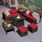 9 Piece Weatherproof Rattan Patio Conversation Set with 30 Inches Propane Fire Pit Table and Dust Covers - Image 2