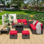 9 Piece Weatherproof Rattan Patio Conversation Set with 30 Inches Propane Fire Pit Table and Dust Covers - Image 3