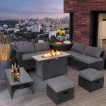 9 Pieces Outdoor PE Rattan Wicker Sectional Sofa with 42 Inch 60,000 BTU Gas Fire Pit Table - Image 2