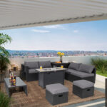 9 Pieces Outdoor PE Rattan Wicker Sectional Sofa with 42 Inch 60,000 BTU Gas Fire Pit Table - Image 3