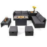 9 Pieces Outdoor PE Rattan Wicker Sectional Sofa with 42 Inch 60,000 BTU Gas Fire Pit Table