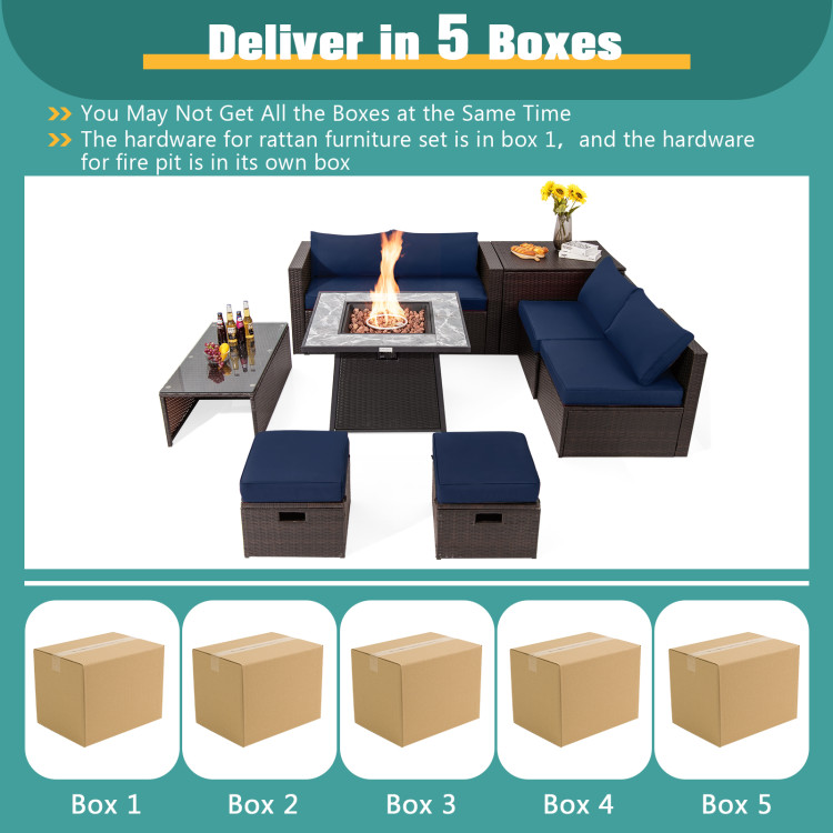 9 Pieces Patio PE Wicker Sectional Set with 50000 BTU Fire Pit Table - Image 6