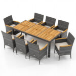 9 Pieces Rattan Patio Dining Set with Acacia Wood Table and Cushioned Chair - Image 3