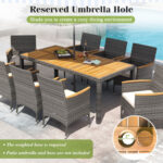 9 Pieces Rattan Patio Dining Set with Acacia Wood Table and Cushioned Chair - Image 9