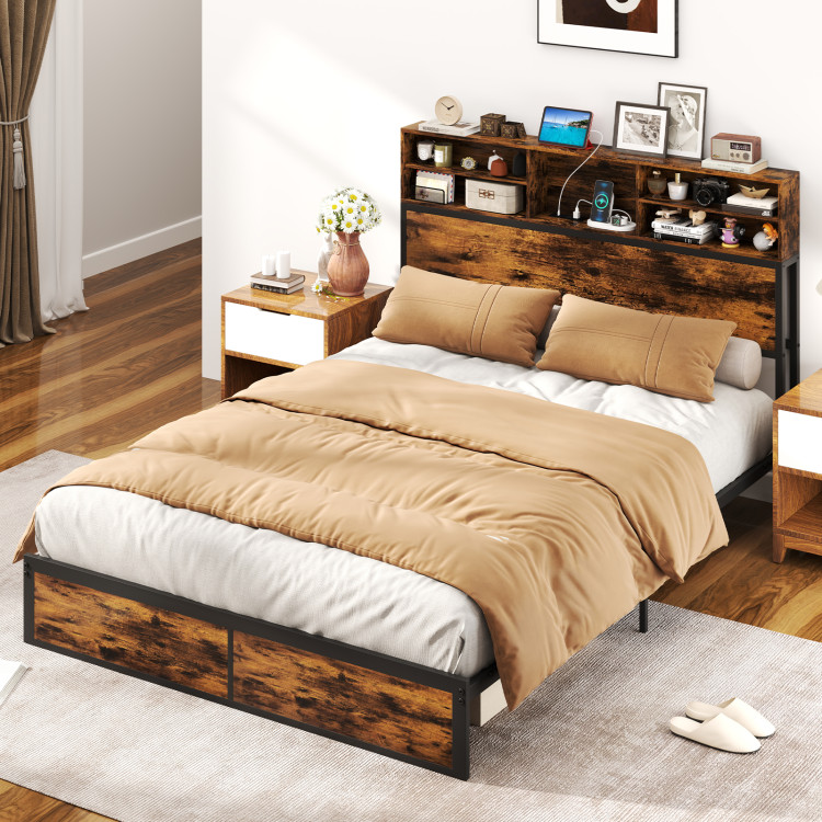 Twin/Full/Queen/King Size Bed Frame with Storage Headboard Industrial Metal Platform Bed - Image 2