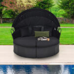 Clamshell Patio Round Daybed Wicker with Retractable Canopy and Pillows - Image 5