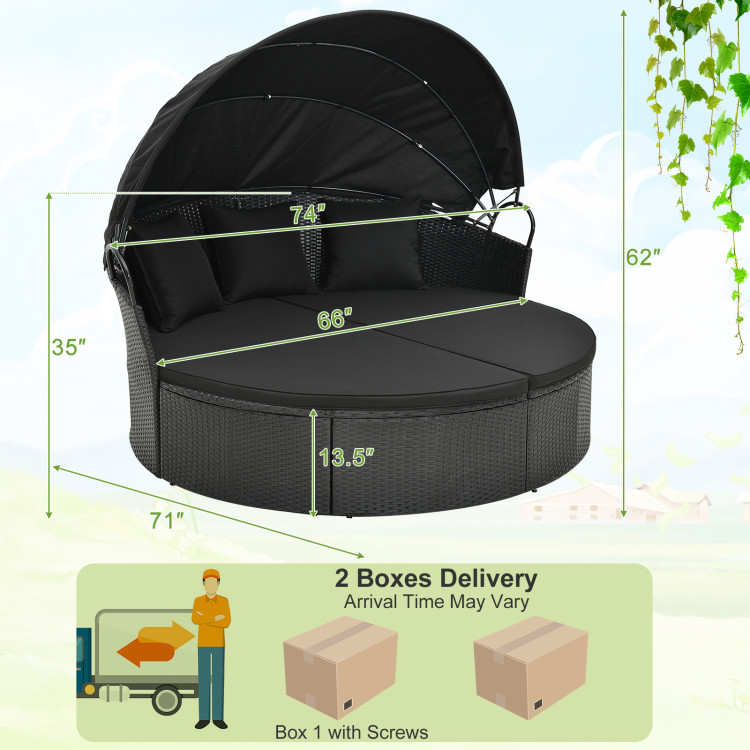 Clamshell Patio Round Daybed Wicker with Retractable Canopy and Pillows - Image 4