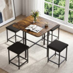 Dining Table Set with 4 Upholstered Stools and Metal Frame - Image 3