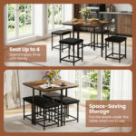 Dining Table Set with 4 Upholstered Stools and Metal Frame - Image 7