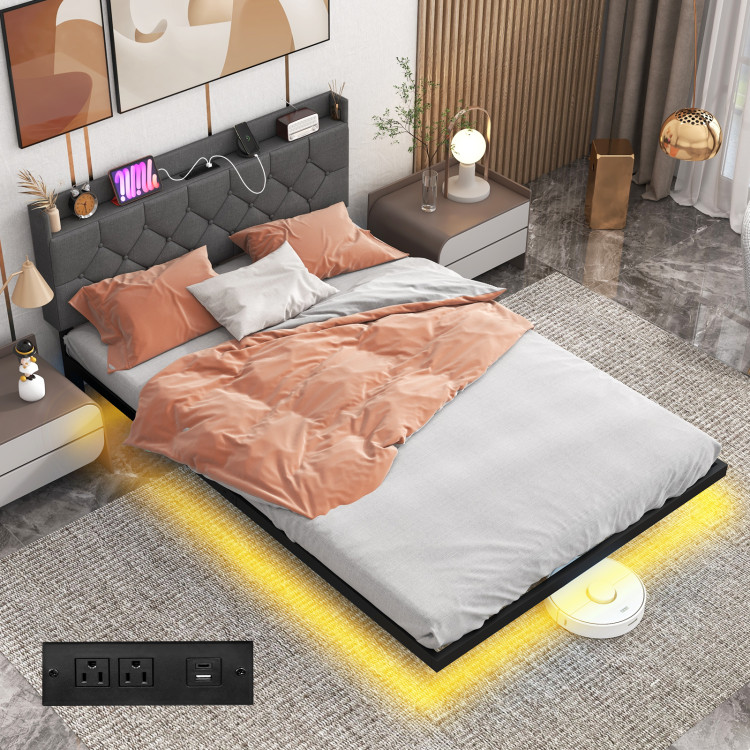 Full/Queen Size Floating Bed Frame with LED and Headboard and Charging Station - Image 2