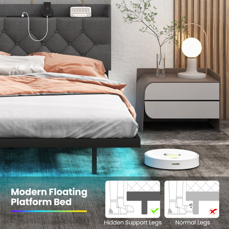 Full/Queen Size Floating Bed Frame with LED and Headboard and Charging Station - Image 10