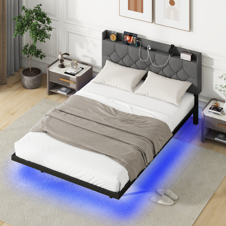 Full/Queen Size Floating Bed Frame with LED and Headboard and Charging Station - Image 3