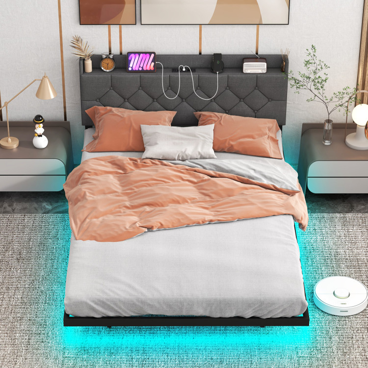 Full/Queen Size Floating Bed Frame with LED and Headboard and Charging Station - Image 5