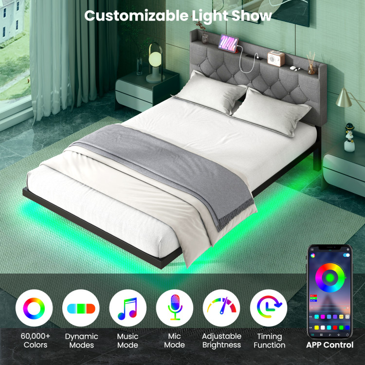Full/Queen Size Floating Bed Frame with LED and Headboard and Charging Station - Image 6