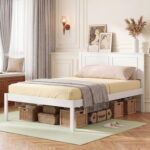 Full/Queen/Twin Size Bed Frame Farmhouse Wooden Platform Bed with Headboard White - Image 2