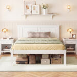Full/Queen/Twin Size Bed Frame Farmhouse Wooden Platform Bed with Headboard White - Image 3